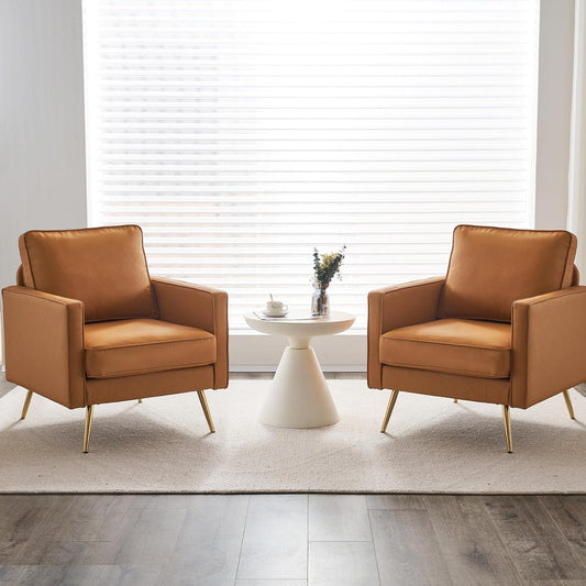 Living Room Chairs Set of 2, Brown PU Leather Accent Chair Mid Century Modern Upholstered Sofa Chairs with Arms, Gold Legs for Living Room, Bedroom, Apartment