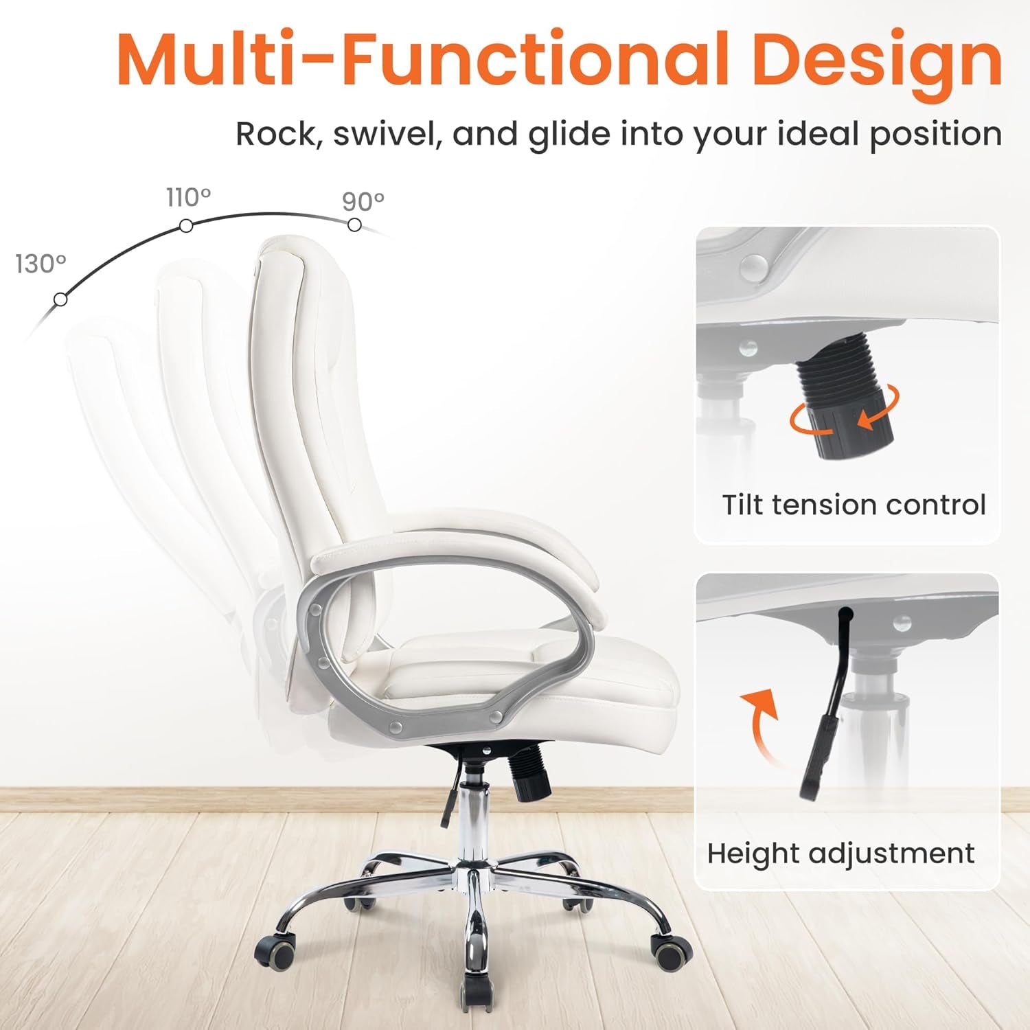 Office Desk Ergonomic Gaming Chair High Back Adjustable Computer Chair with Wheels and Lumbar Support Comfy Leather Executive Swivel (White)