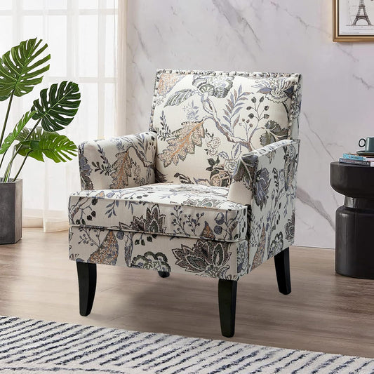 Modern Accent Chair with Arms and Wooden Legs, Floral Patterned Accent Chair Armchair High Back Rest, Padded Armrest and Comfortable Cushioned Seat for Living Room (Orange Grey Floral)