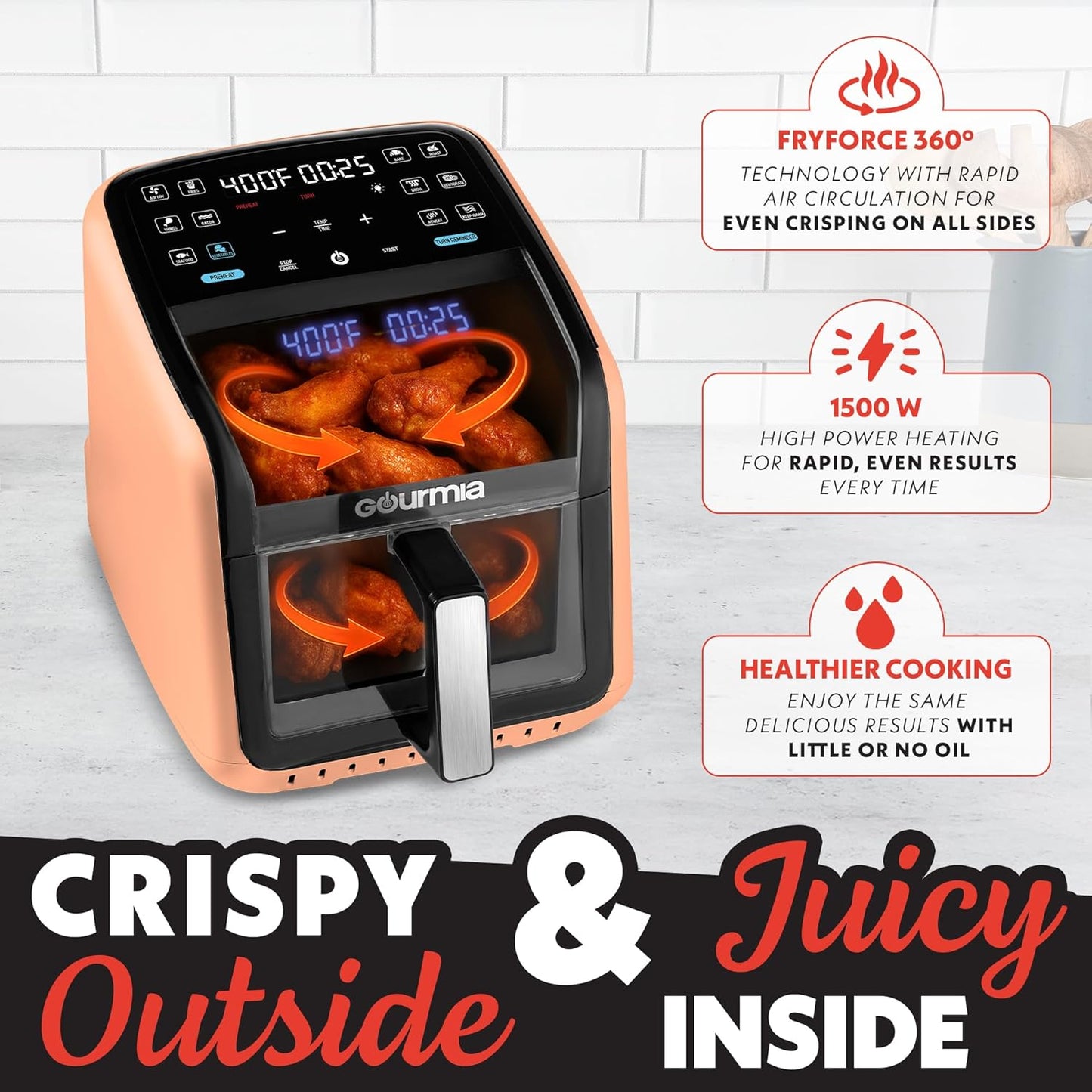 Air Fryer 7 QT - Easy View Panoramic Window & Interior Light, Guided Cooking with 12 One-Touch Presets, Fryforce 360, Dishwasher Safe Accessories, Peach