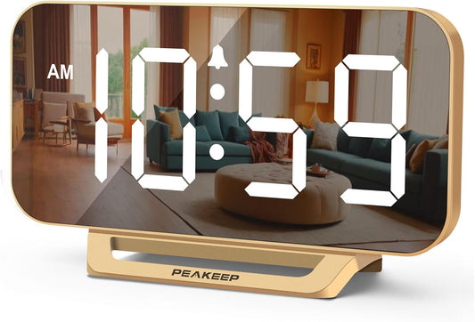 Slim Digital Mirror Aesthetic Alarm Clock for Bedrooms Desk Decor - Plug in Electric Big LED Modern Small Clock for Office Living Room, Battery Backup, 6 Dimmers (Gold)