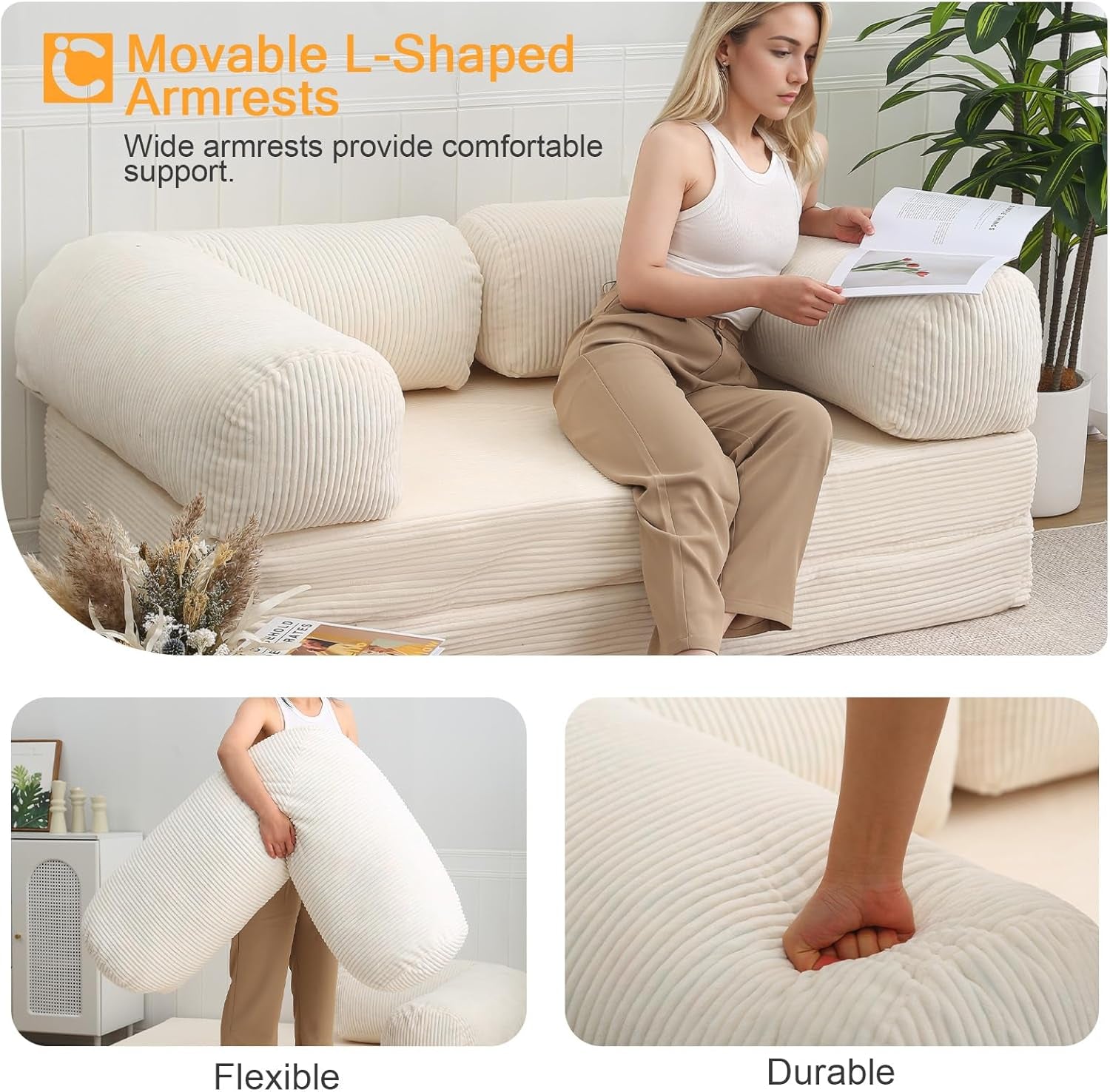 4‑In‑1 Futon Sofa Bed Queen – Floor Foldable Convertible Sofa Couch with L‑Shaped Armrests, Removable Cover, Convertible Guest Bed | Space‑Saving Fold‑Out Mattress Lounge for Living Room, Beige