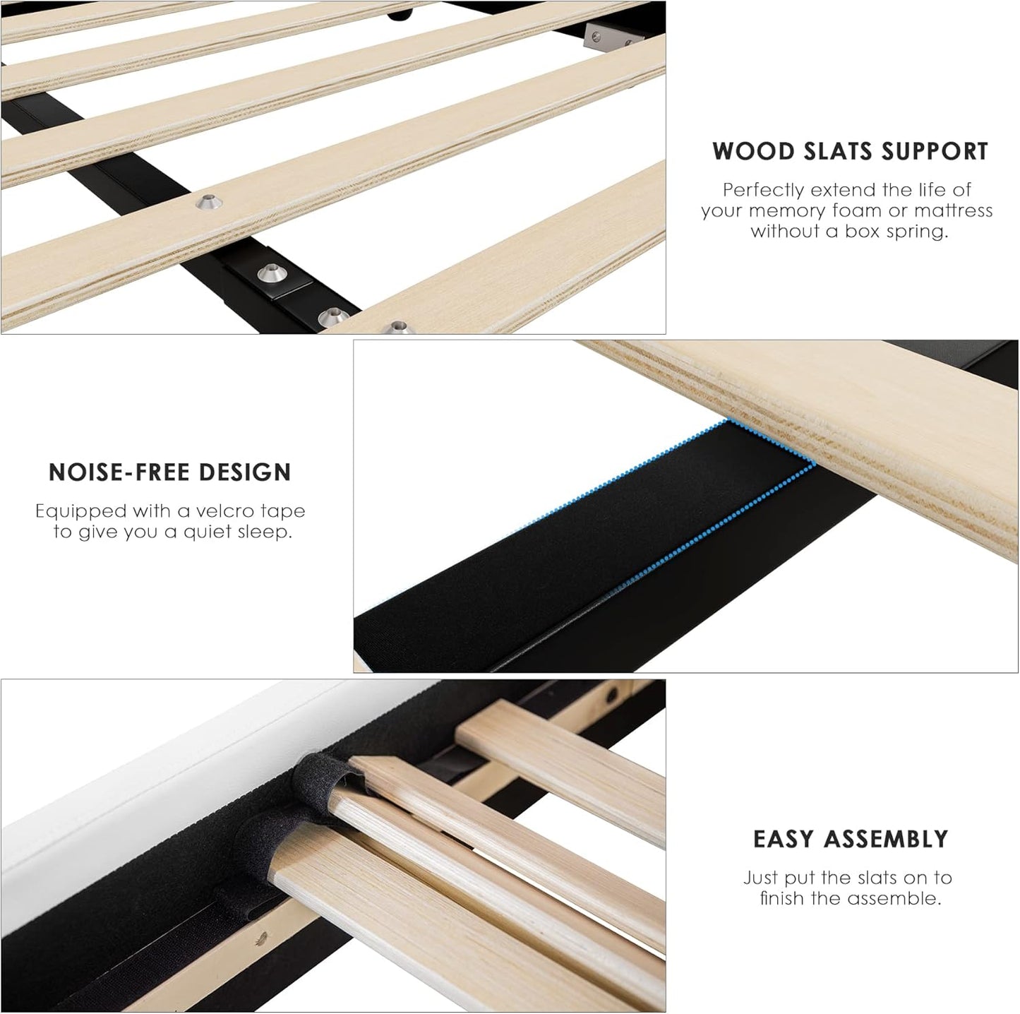 Modern Faux Leather Upholstered Platform Bed Frame with Iron Metal Decor, Adjustable Curved Headboard, Wooden Slats Support, No Box Spring Needed, Queen Size, White