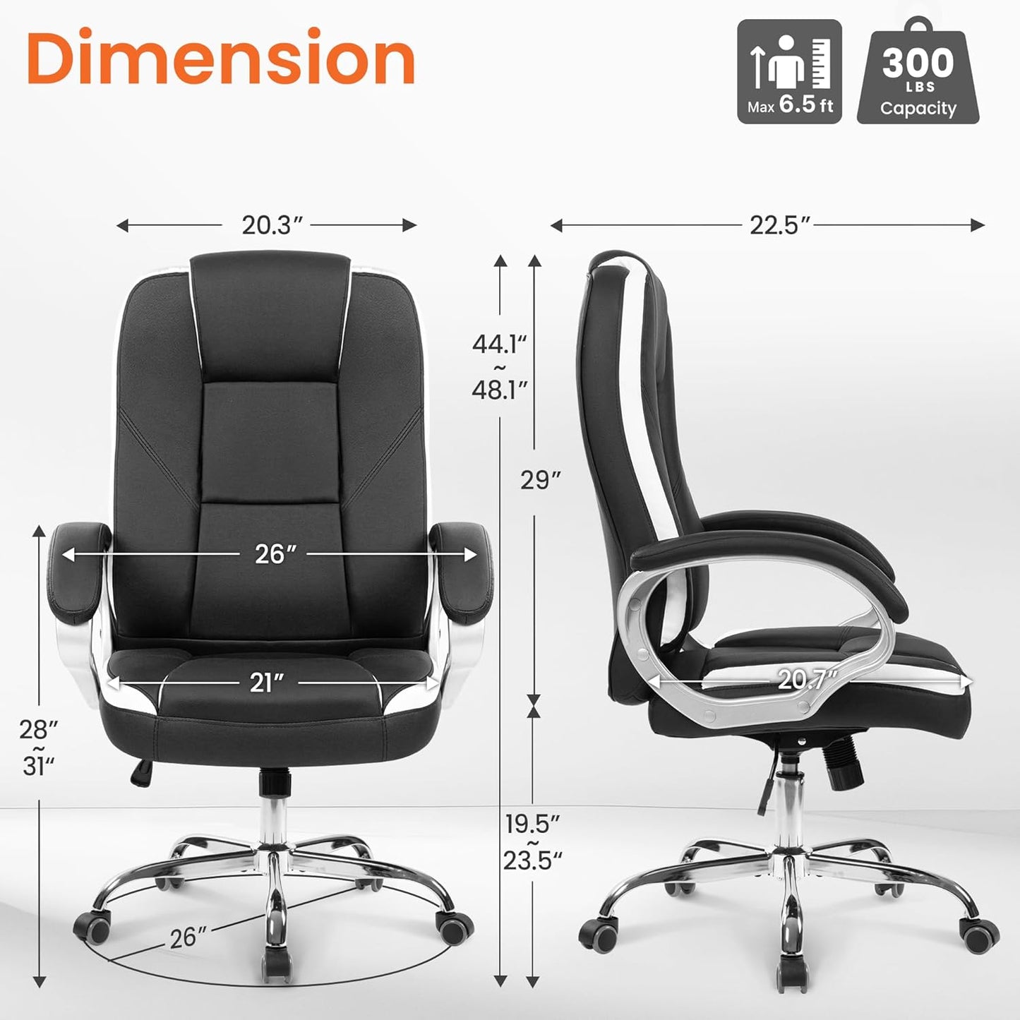 Office Desk Ergonomic Gaming Chair High Back Adjustable Computer Chair with Wheels and Lumbar Support Comfy Leather Executive Swivel (Black)