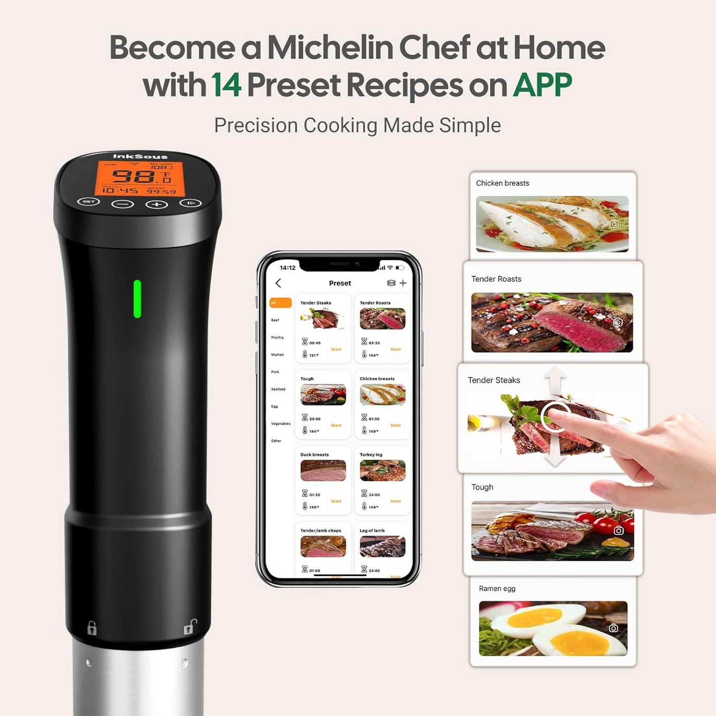 WIFI 2.4G Sous Vide Cooker 1000W Immersion Circulator with APP 14 Recipes,Alarm,Calibration & Timer, 3D Water Fast Heating Ultra-Quiet Sous Vide Machine