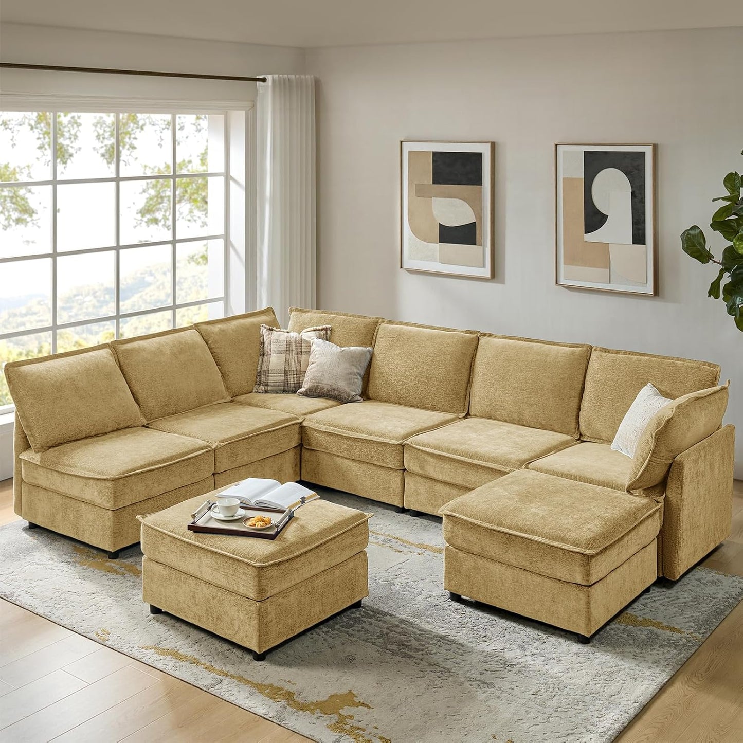 Oversized Modular Sectional Sofa, 8 Seat U Shaped Couch with Storage Ottoman, Comfy Chenille Sofa with Deep Seat, Convertible Sectional Couches for Living Room, Cream
