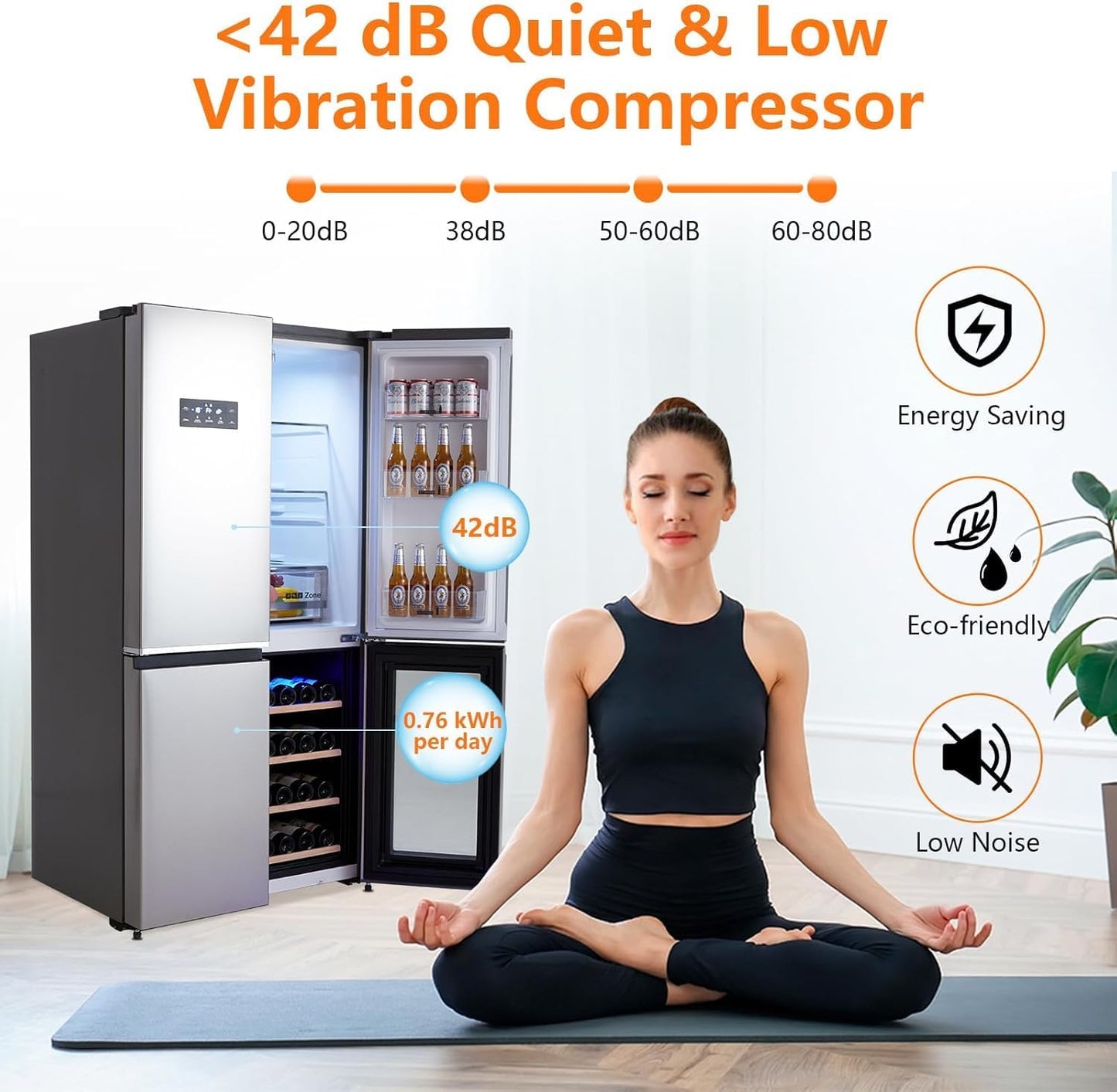 36-Inch French Door Refrigerator, 21 Cu.Ft. Counter-Depth 4-Door Design with Bottom Freezer & Wine Storage, Stainless Steel Kitchen Refrigerator with Adjustable Shelves