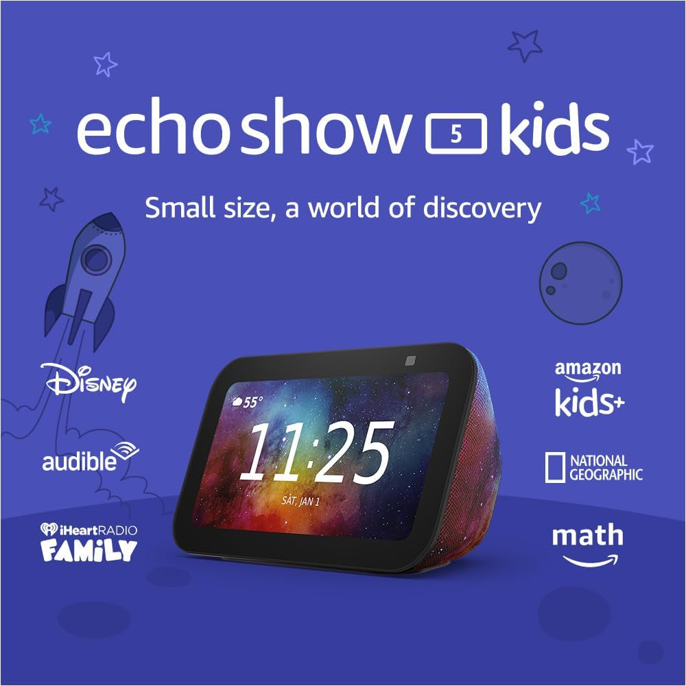 Echo Show 5 Kids (Newest Model), Designed for Kids, with Alexa+ Early Access, Parental Controls, Includes 1 Year of  Kids+, Galaxy
