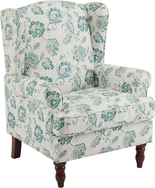 Floral Accent Chair, High Back Upholstered Armchair with Solid Legs, Leisure Single Sofa Chair for Living Room, Bedroom, Home Office, Light Cyan Floral