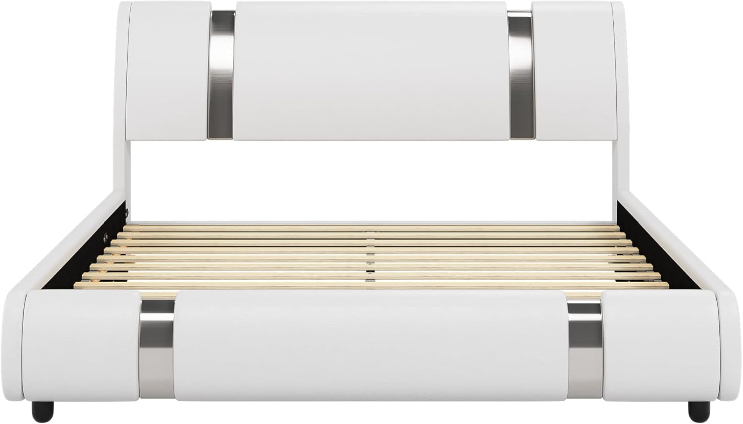 Modern Faux Leather Upholstered Platform Bed Frame with Iron Metal Decor, Adjustable Curved Headboard, Wooden Slats Support, No Box Spring Needed, Queen Size, White