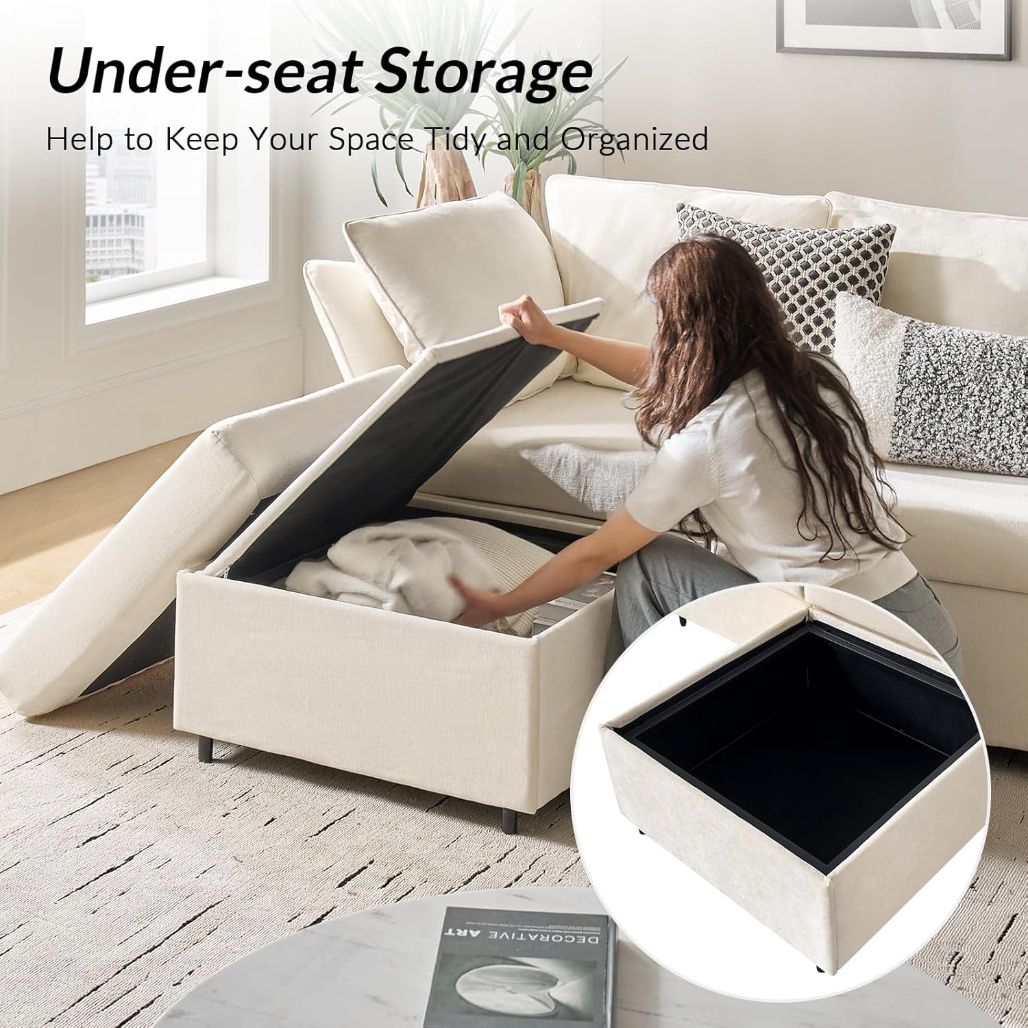 Modular Sectional Sofa with Adjustable Armrest and Backrest, Oversized L Shaped Couch with Storage Ottoman and Deep Seat, 4 Seater Cloud Couch for Living Room Bedroom, Beige