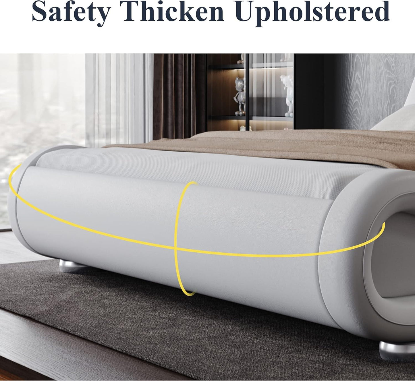 Queen Size Upholstered Platform Bed Frame with Ergonomic & Adjustable Headboard, Modern Low Profile Sleigh Design - Easy Assembly, No Box Spring Needed, White