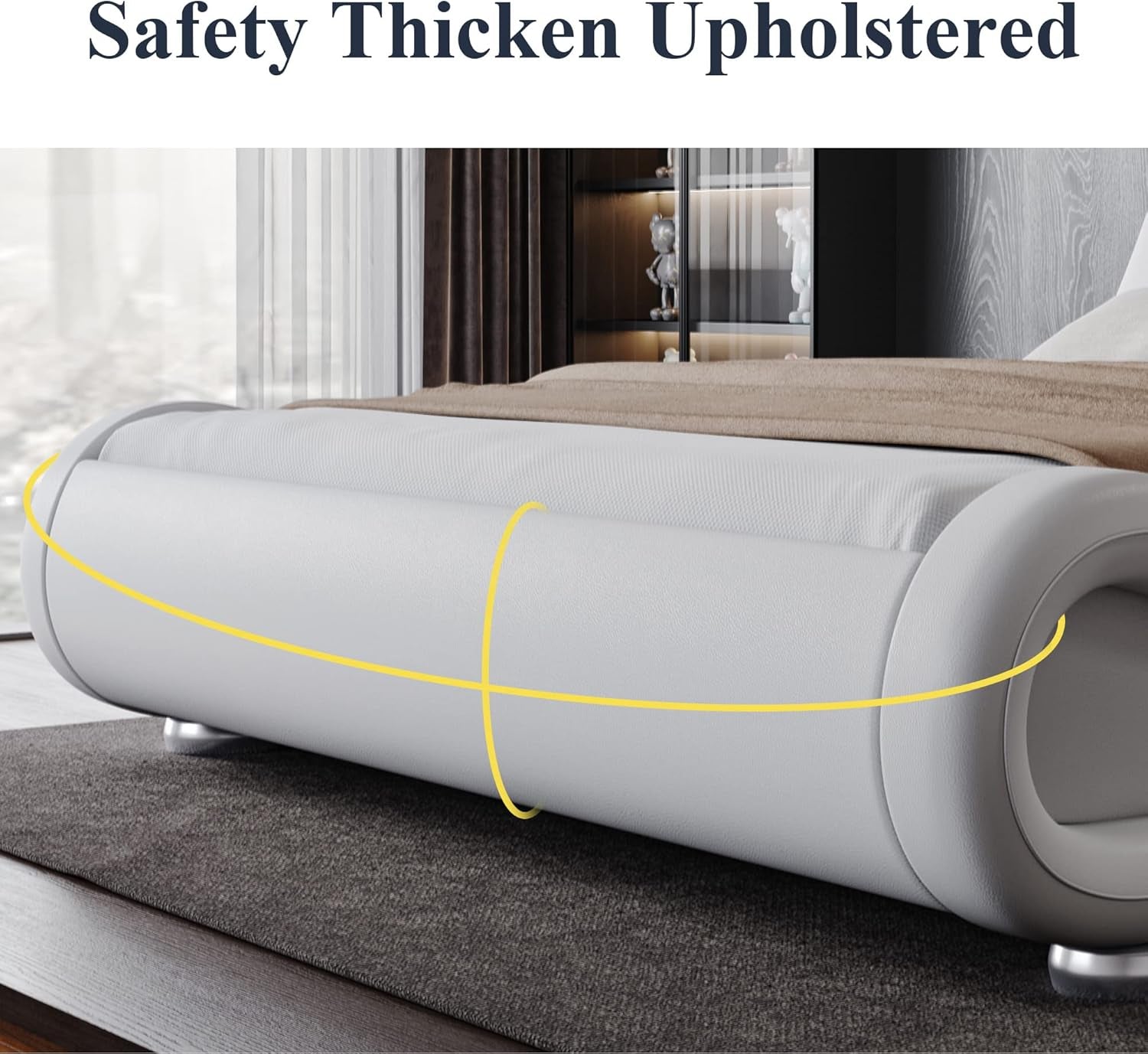 Queen Size Upholstered Platform Bed Frame with Ergonomic & Adjustable Headboard, Modern Low Profile Sleigh Design - Easy Assembly, No Box Spring Needed, White