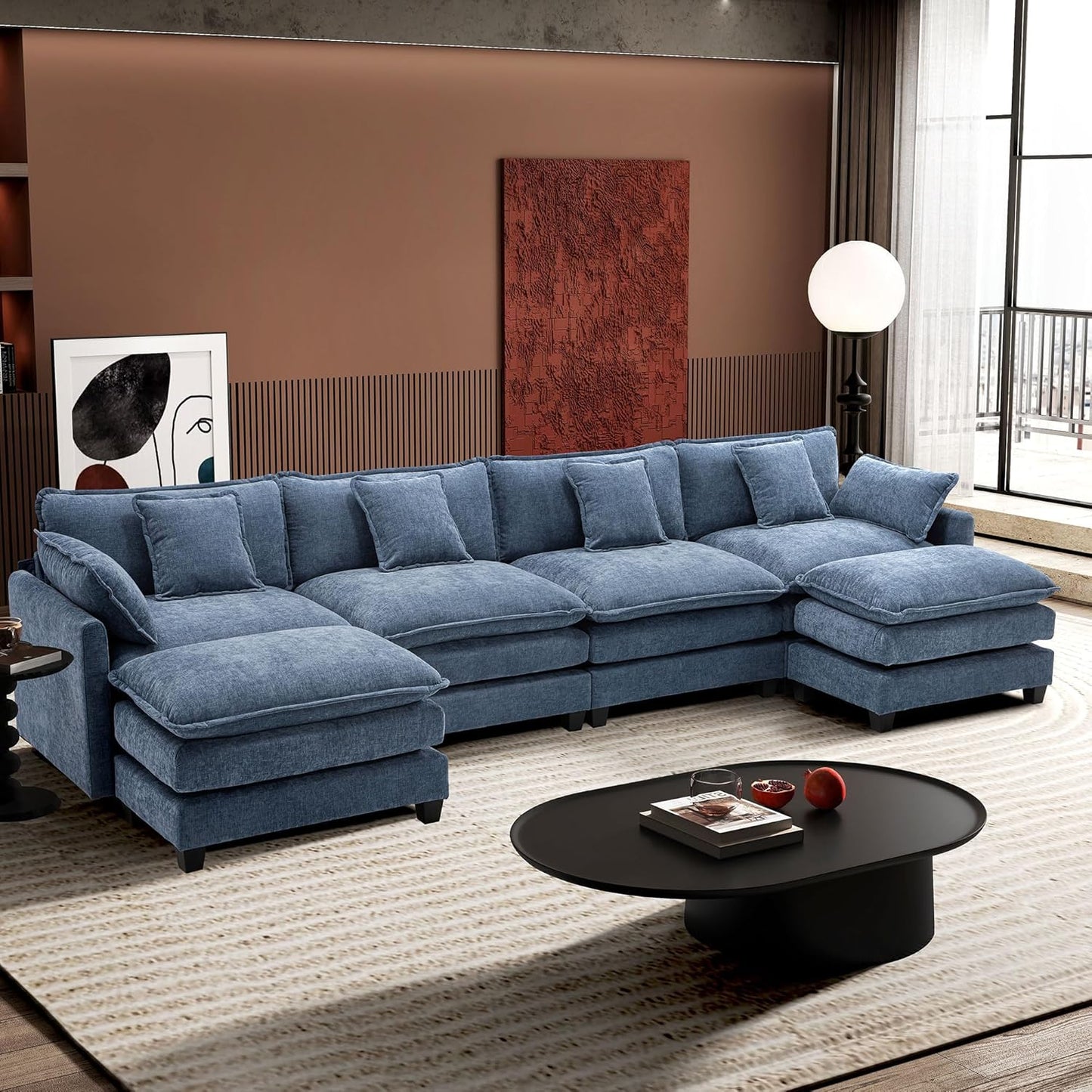 146" U-Shaped Modern Sofa Modular Sectional Cloud Couch with 2 Ottoman, 6-Seat Chenille Deep Seat Sofa with 6 Pillows for Living Room, Bedroom and Apartment, Blue