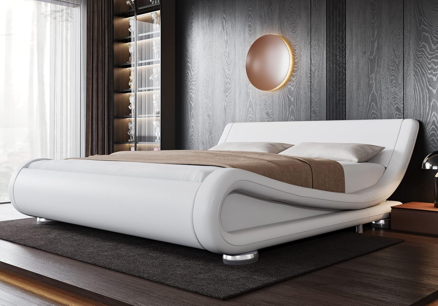 Queen Size Upholstered Platform Bed Frame with Ergonomic & Adjustable Headboard, Modern Low Profile Sleigh Design - Easy Assembly, No Box Spring Needed, White