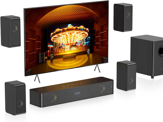 Wooden 5.1.2 Sound Bars, 4 Surround Speakers Wired, 400W Peak Power, Virtual Surround Sound System, Soundbar for Smart TV Speaker W/5.25'' Subwoofer, Home Theater System, ARC/OPT/BT/AUX, Hipulse N512