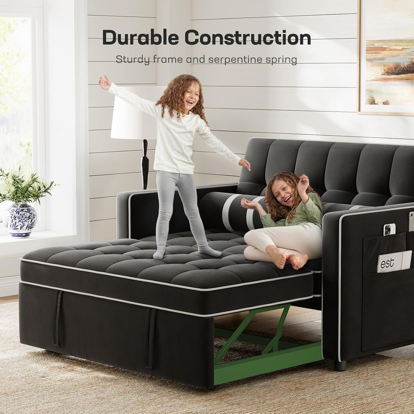 3-In-1 Convertible Futon Sleeper Sofa Bed, Pull Out Couch with Adjustable Backrest, USB Charging & Side Pockets, Velvet Fabric Sofa for Living Room, Apartment, Loveseat, Black