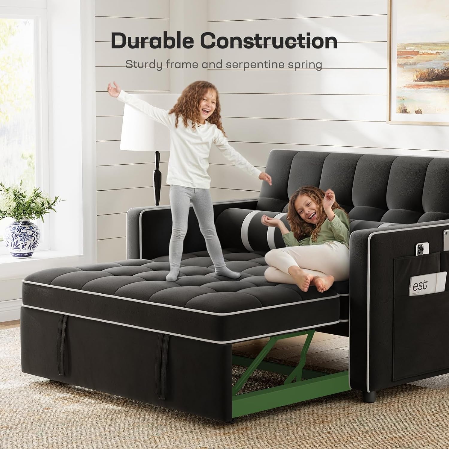 3-In-1 Convertible Futon Sleeper Sofa Bed, Pull Out Couch with Adjustable Backrest, USB Charging & Side Pockets, Velvet Fabric Sofa for Living Room, Apartment, Loveseat, Black