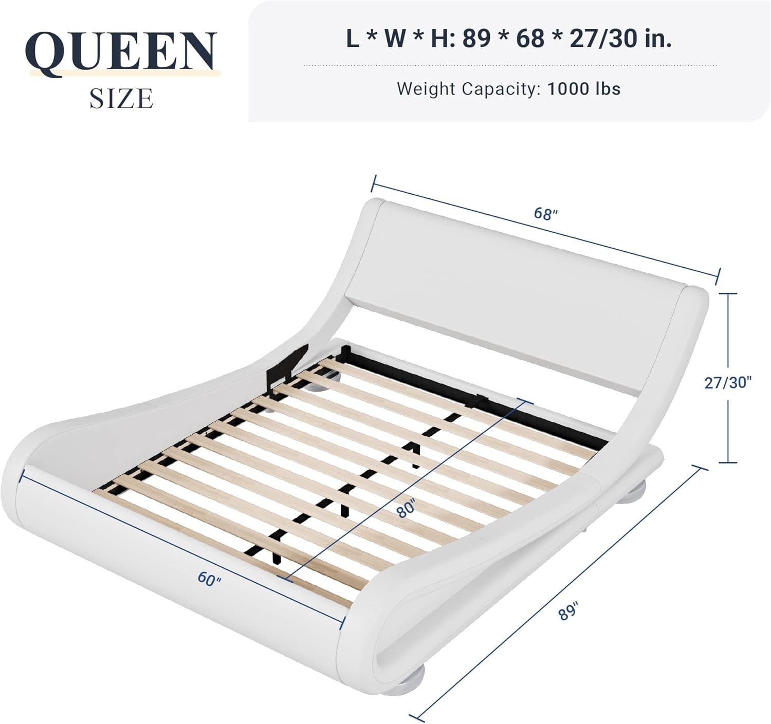 Queen Size Upholstered Platform Bed Frame with Ergonomic & Adjustable Headboard, Modern Low Profile Sleigh Design - Easy Assembly, No Box Spring Needed, White