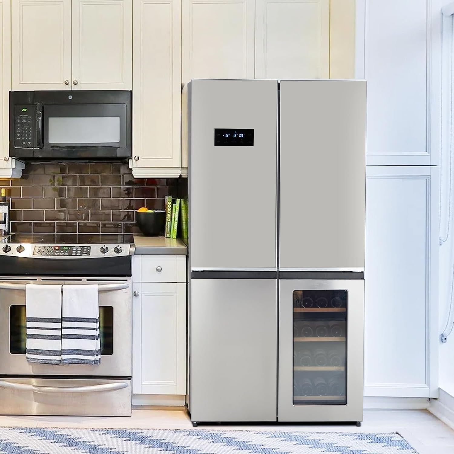 36-Inch French Door Refrigerator, 21 Cu.Ft. Counter-Depth 4-Door Design with Bottom Freezer & Wine Storage, Stainless Steel Kitchen Refrigerator with Adjustable Shelves