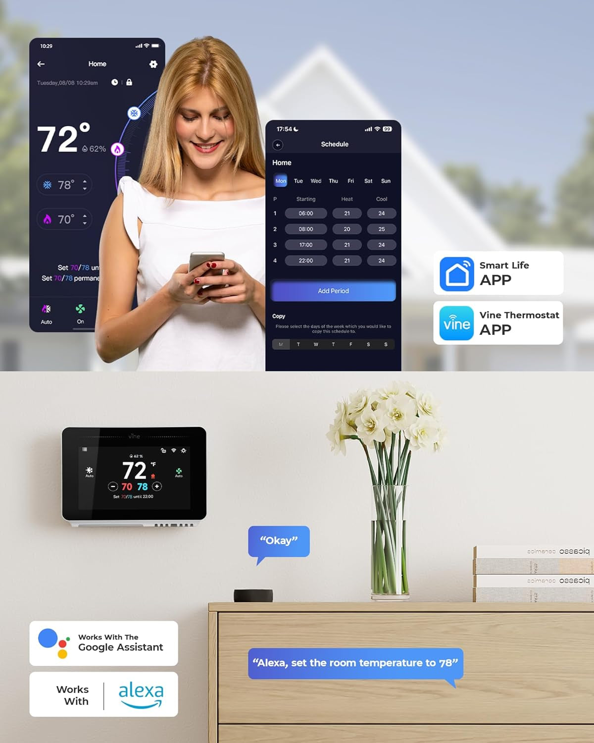 Smart Thermostat for House with Nightlight, 4.3 Inches Wifi Thermostats for Home Compatible with Alexa and Google Assistant, 7Day X 8Period Programmable, C-Wire Required