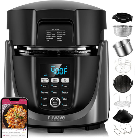 Duet Air Fryer, Electric Pressure Cooker & Grill Combo, 540 in 1 Multicooker with 3 Removable Lids, Slow Cook, Sautés, Dehydrator, 18/10 SS Pot, Sure-Lock Safety Tech & 13 Deluxe Accessories