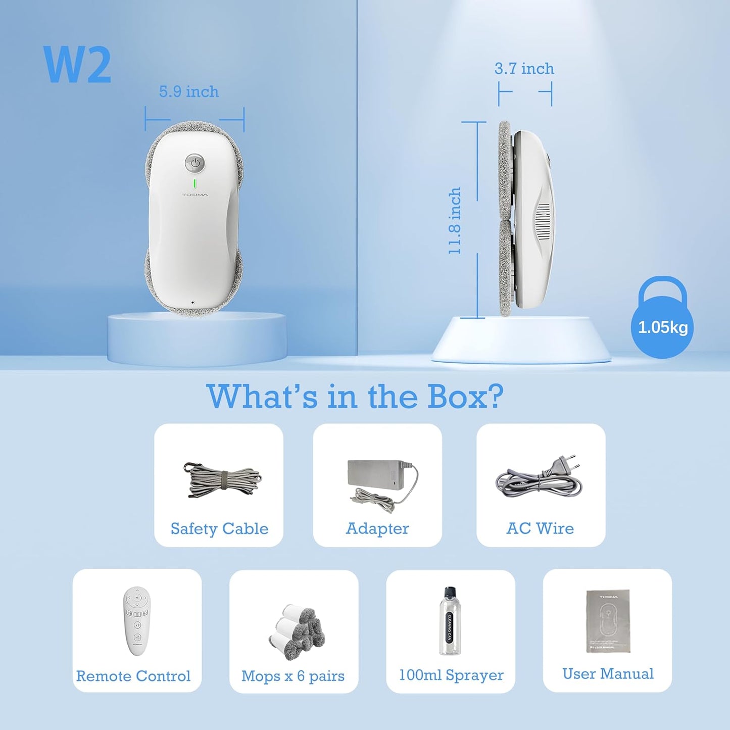 W2 Window Cleaner Robot, Automatic Cleaning with Intelligent Path Planning, 3800Pa Suction Power, Edge Detection Technology, Remote Control, White