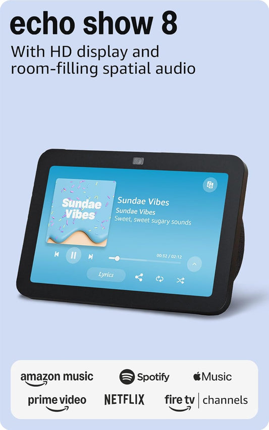 Like-New  Echo Show 8, with Spatial Audio, Smart Home Hub, Ideal for Open Living Spaces, Includes Alexa, Charcoal