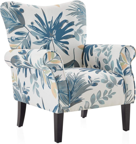 Modern Accent Chair, High Back Armchair, Upholstered Wingback Side Chair, Padded Single Sofa with Wooden Legs for Living Room, Bedroom - Green Blue Floral