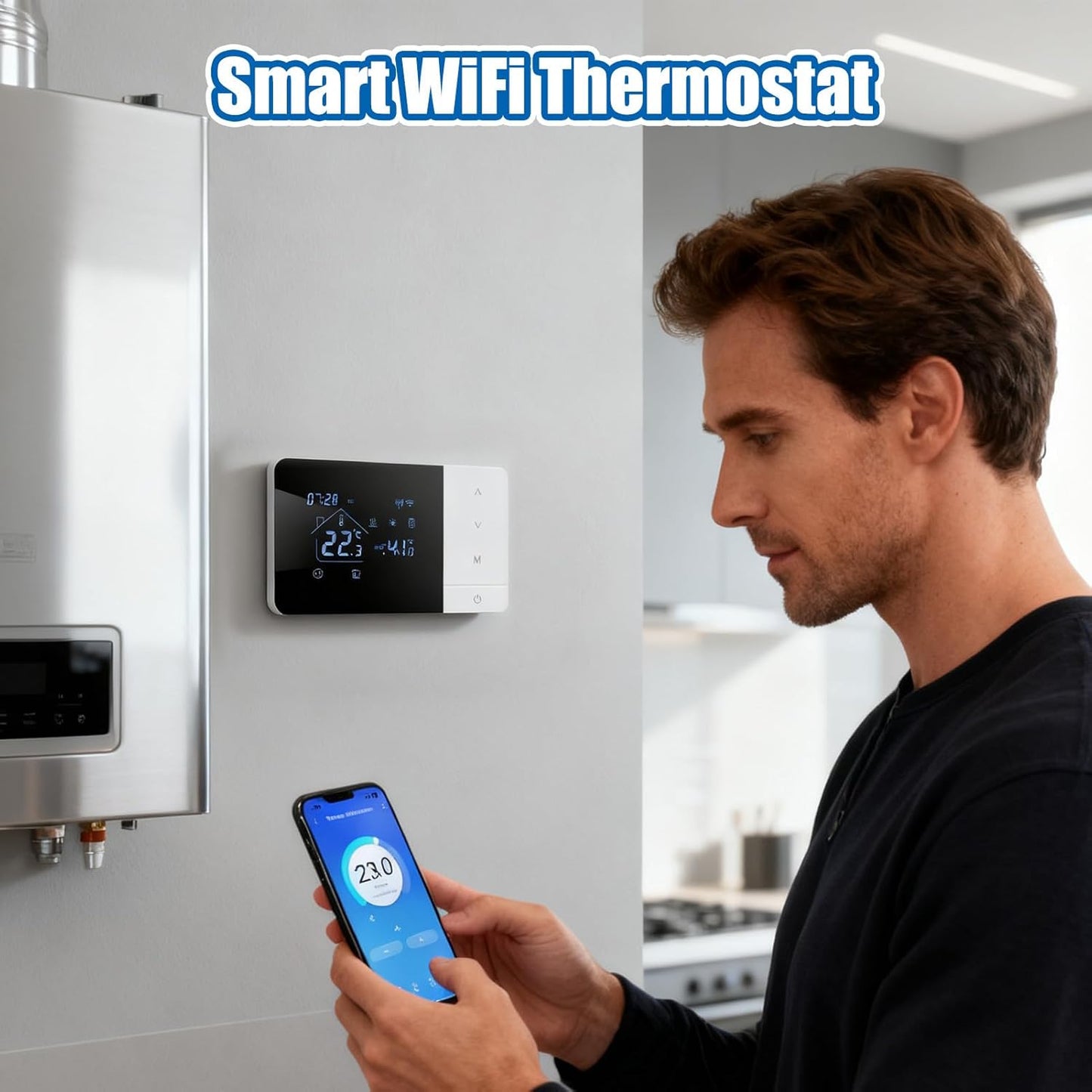 Smart Wifi Thermostat - Heat & Cool Temperature Controller with Touchscreen | APP & Voice Control Thermostatt for Home Automation | Digital Programmable Thermostat for House RV Hotel | Energy Saving C
