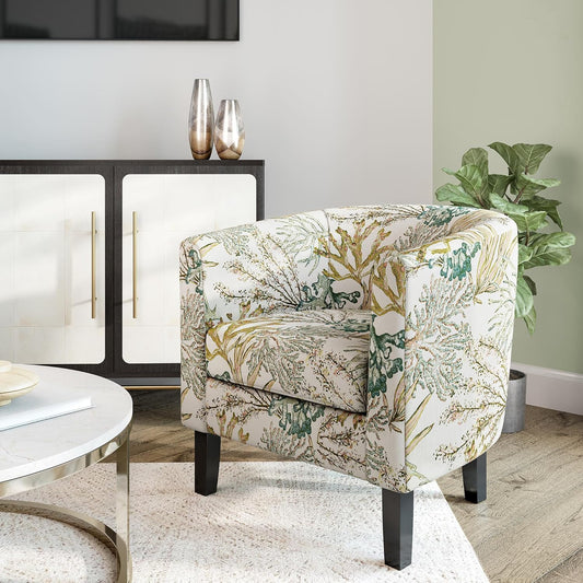 Living Room Chair, Linen round Accent Barrel Chair, Club Tub Sofa Chair for Bedroom, Corner Chair with Flared Legs and Cozy Soft Padding - Highland (Green Coral)