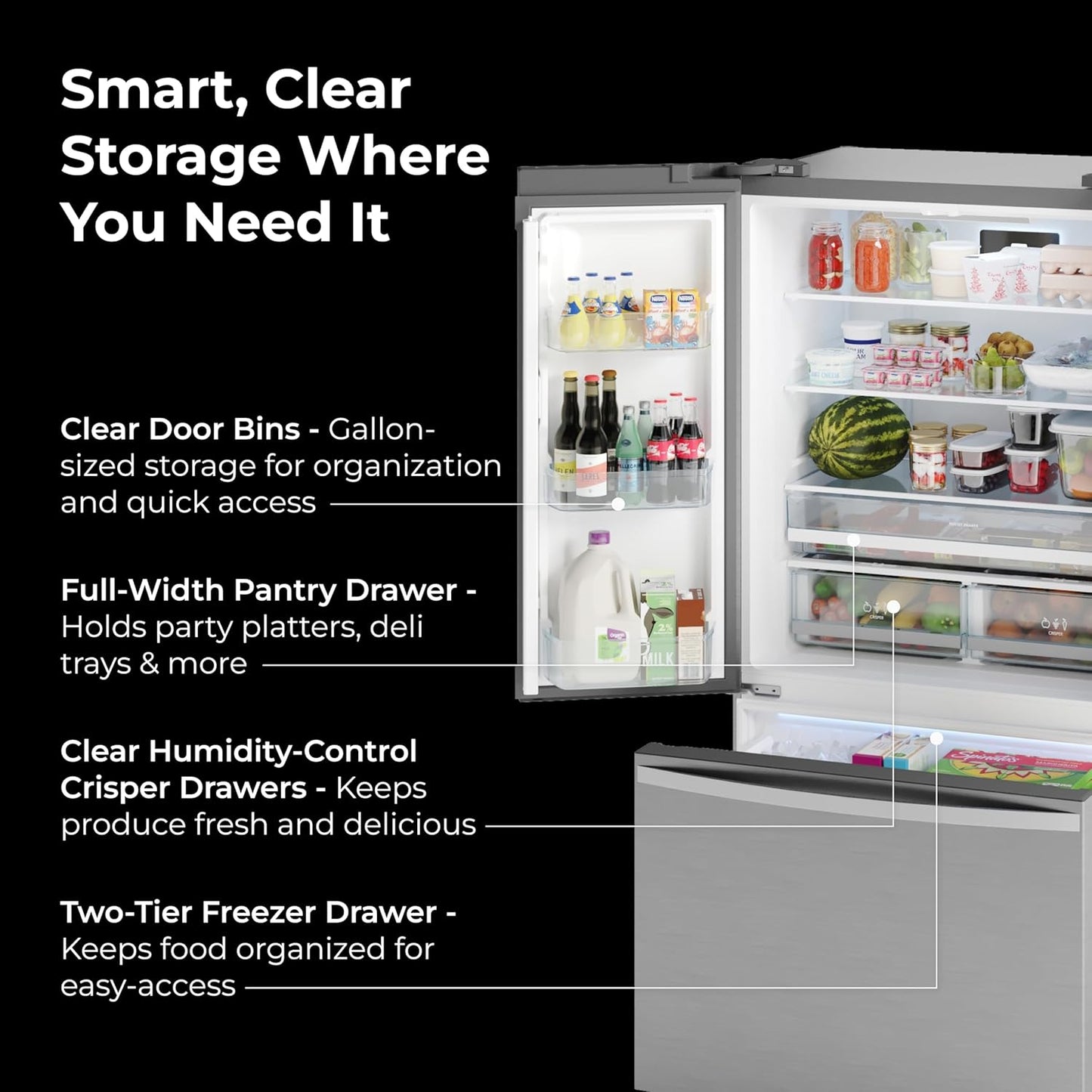 36" French Door Refrigerator with Freezer - Accela Chill, Adjustable Shelving, Humidity Controlled Crispers, ENERGY STAR Certified, 20.3 Cu. Ft. Capacity, Fingerprint Resistant Stainless Steel