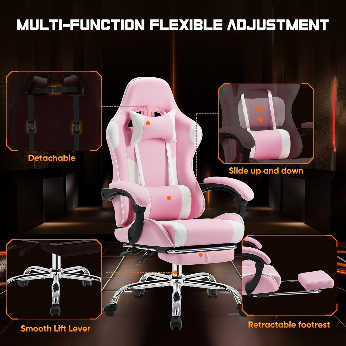 Video Game Desk Chair - Ergonomic Computer with Footrest and Comfy Lumbar Support, PU Leather Recliner with Headrest, Fixed up Armrest, Height Adjustable with 360° Swivel, for Adults, Pink