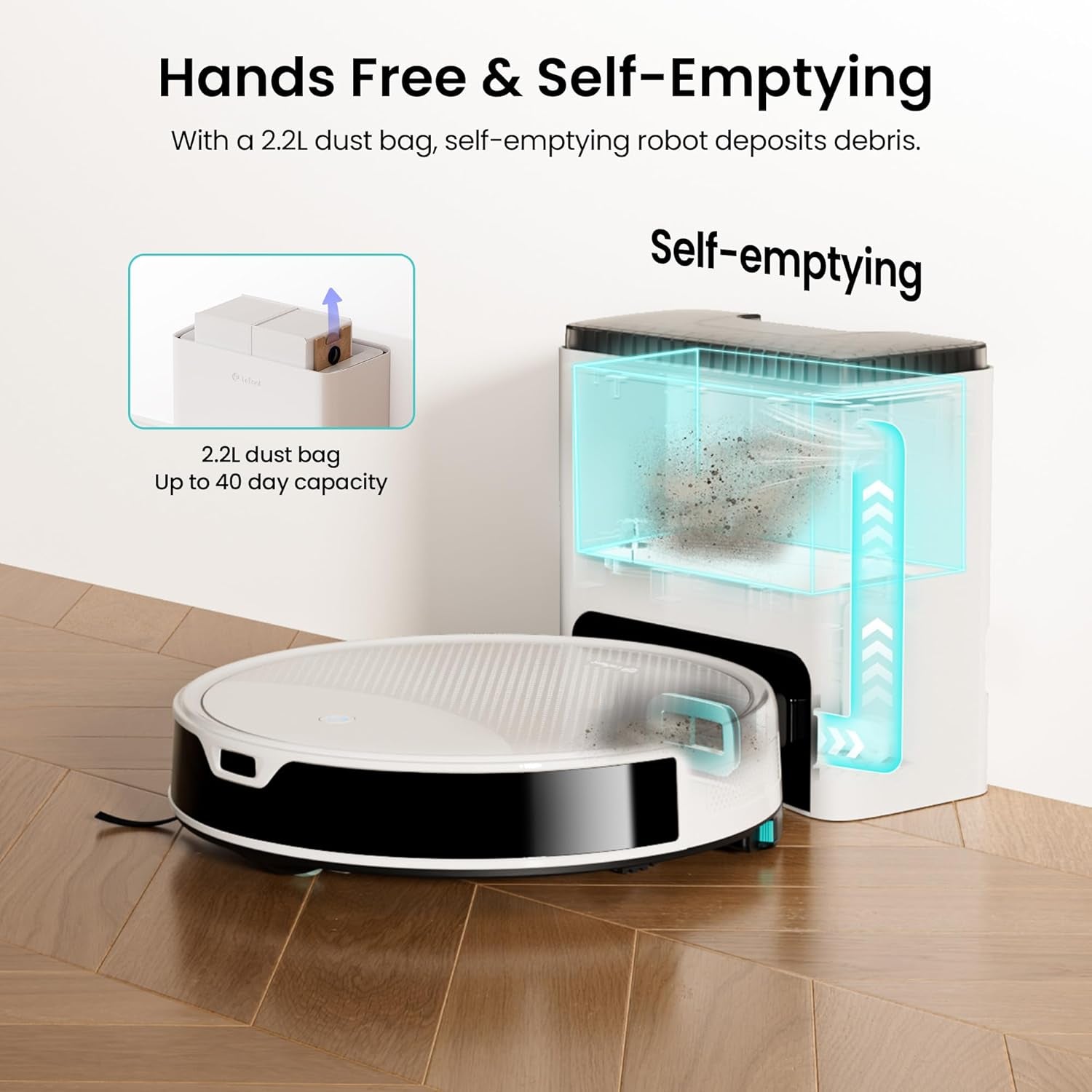 M350 Robot Vacuum and Mop Combo, 40-Day Self-Emptying, 190° PSD Obstacle Avoidance,6000Pa Suction，Quiet,Smart Navigation,Self-Charging, for Hard Floor, Carpet, Pet Hair,150 Min Runtime.White