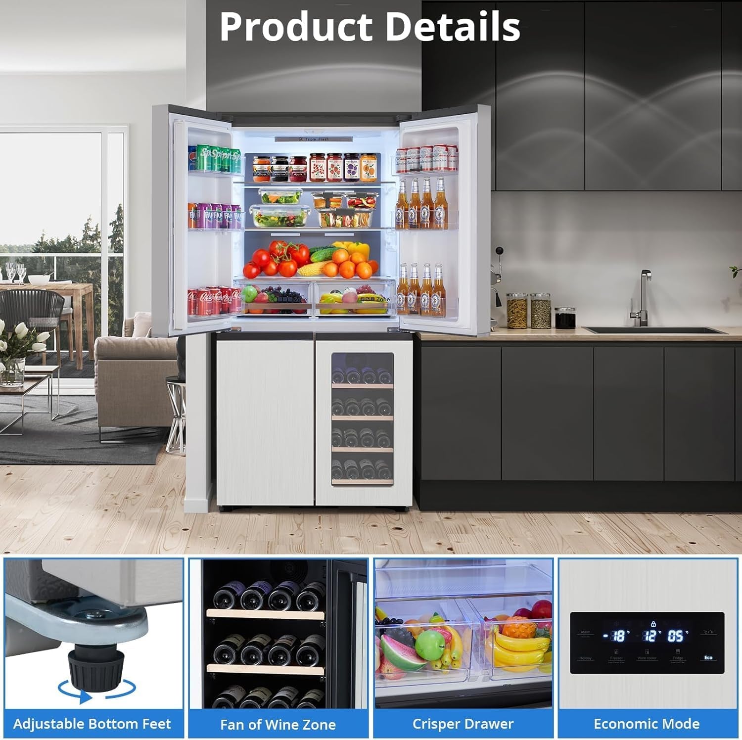 36-Inch French Door Refrigerator, 21 Cu.Ft. Counter-Depth 4-Door Design with Bottom Freezer & Wine Storage, Stainless Steel Kitchen Refrigerator with Adjustable Shelves