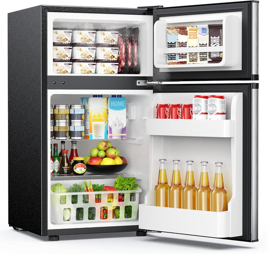 Mini Fridge with Freezer, 3.2 Cu.Ft Mini Refrigerator Fridge, 2 Door for Bedroom/Dorm/Office/Apartment - Food Storage or Cooling Drinks, Silver