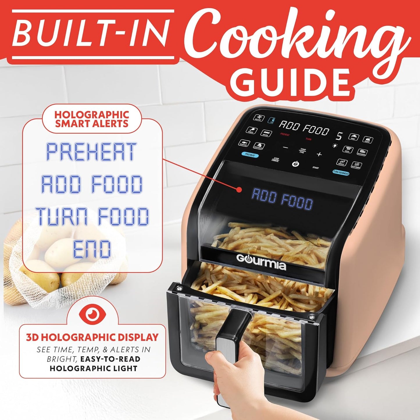 Air Fryer 7 QT - Easy View Panoramic Window & Interior Light, Guided Cooking with 12 One-Touch Presets, Fryforce 360, Dishwasher Safe Accessories, Peach