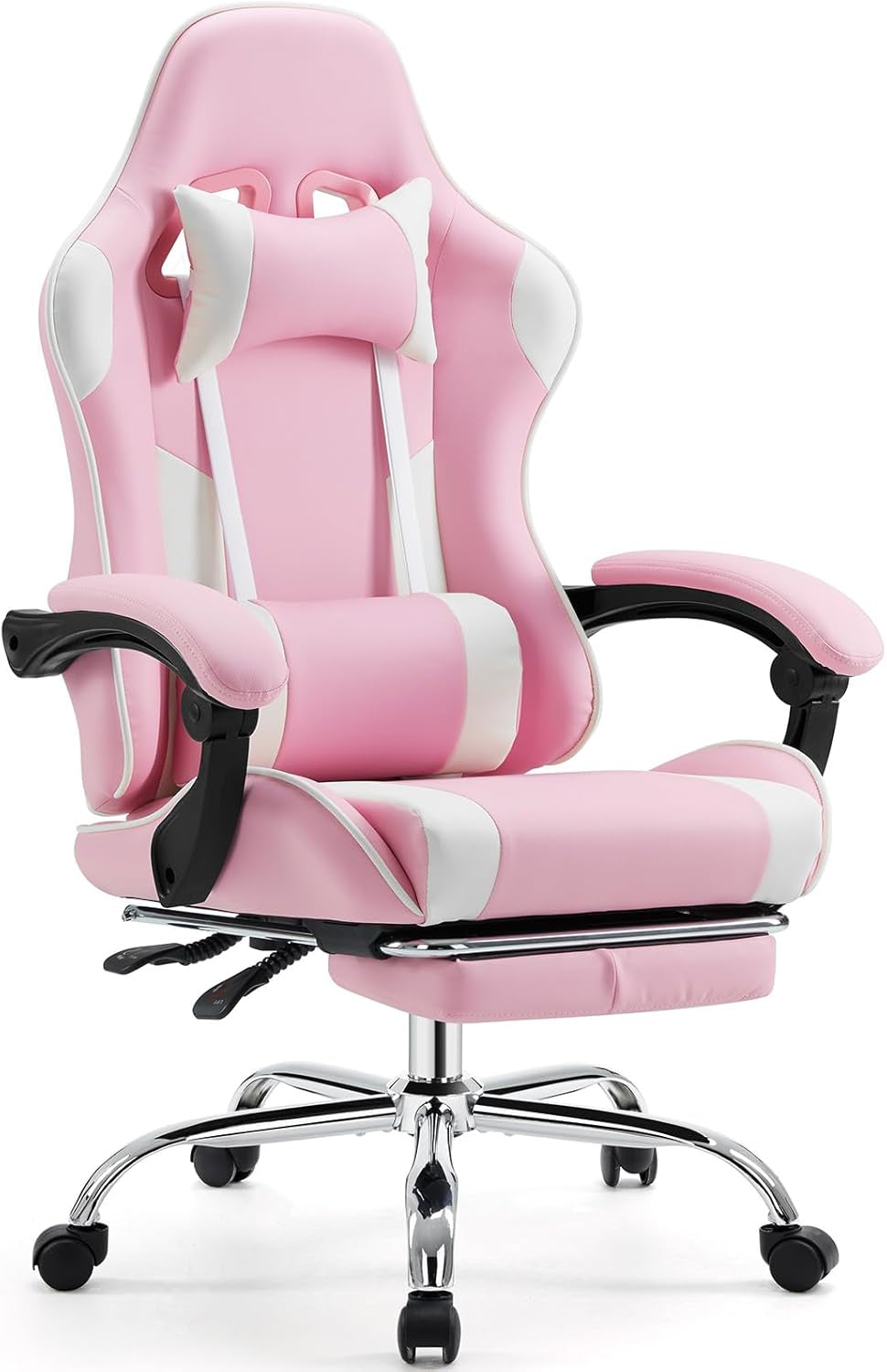 Video Game Desk Chair - Ergonomic Computer with Footrest and Comfy Lumbar Support, PU Leather Recliner with Headrest, Fixed up Armrest, Height Adjustable with 360° Swivel, for Adults, Pink