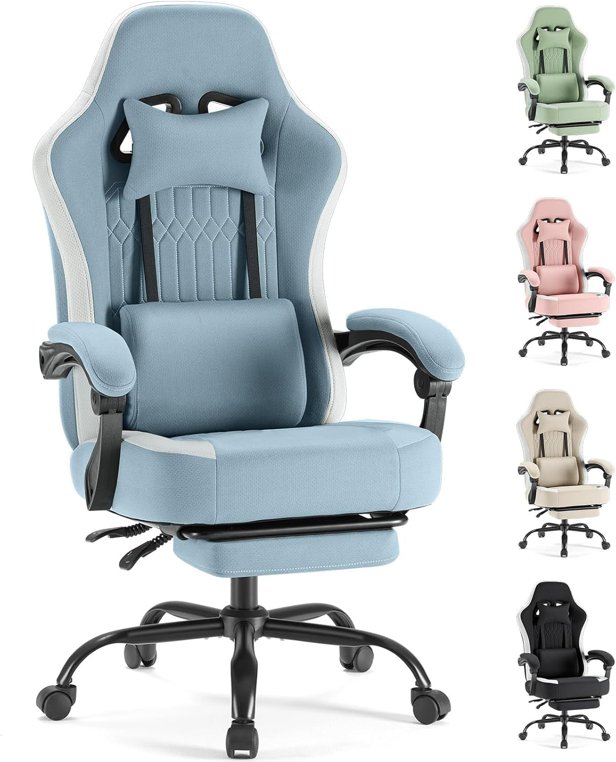 Computer Gaming Chair - High Back Ergonomic Desk Chair with Footrest and Lumbar Support, Height Adjustable Task Chair with Linkage Armrests and Headrest, 360° Swivel Wheels, Blue