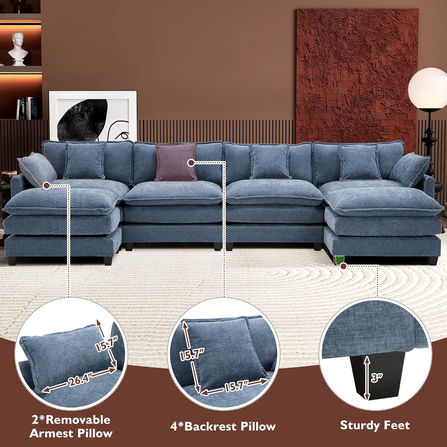146" U-Shaped Modern Sofa Modular Sectional Cloud Couch with 2 Ottoman, 6-Seat Chenille Deep Seat Sofa with 6 Pillows for Living Room, Bedroom and Apartment, Blue