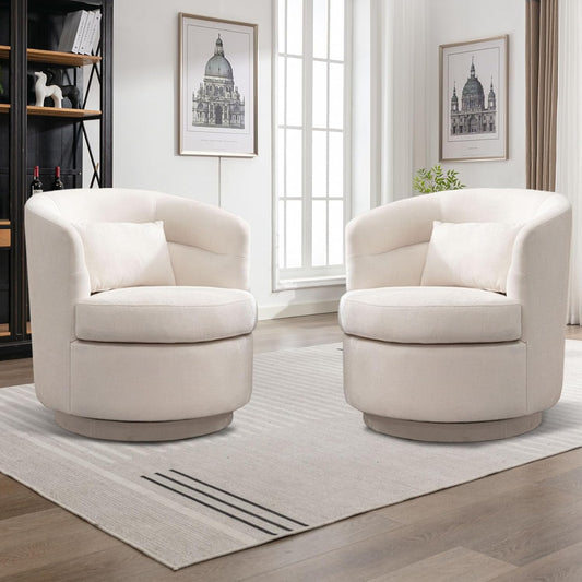 Swivel Accent Chair Set of 2, 360 Degree round Swivel Barrel Chair with Pillow, Upholstered Comfy Barrel Armchair Single Club Sofa Chair for Living Room,Bedroom, Reading Room,Beige
