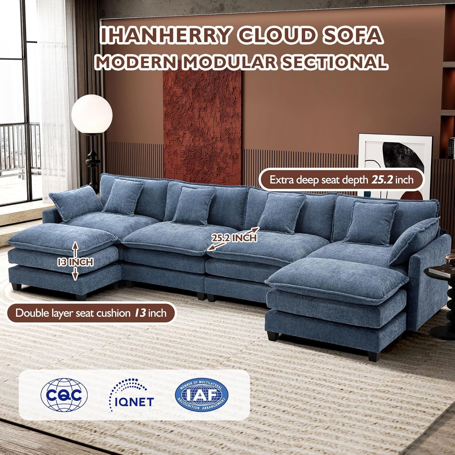 146" U-Shaped Modern Sofa Modular Sectional Cloud Couch with 2 Ottoman, 6-Seat Chenille Deep Seat Sofa with 6 Pillows for Living Room, Bedroom and Apartment, Blue