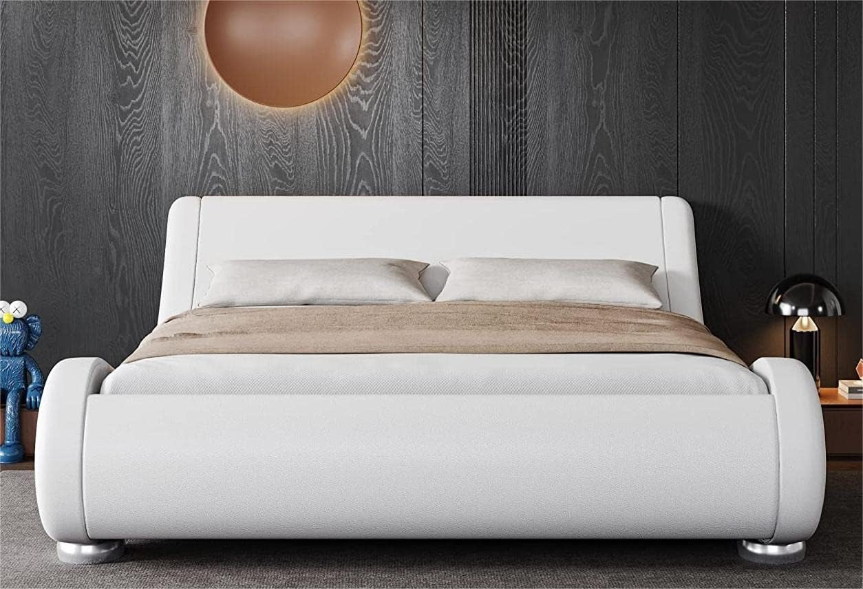 Queen Size Upholstered Platform Bed Frame with Ergonomic & Adjustable Headboard, Modern Low Profile Sleigh Design - Easy Assembly, No Box Spring Needed, White