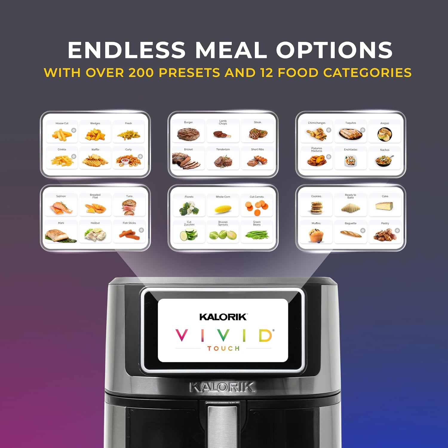 Air Fryer VIVID TOUCH Series 5 Quart Capacity with High-Resolution Touchscreen 202 Cooking Presets in 12 Food Categories with View Window, 1500-Watts, Stainless Steel