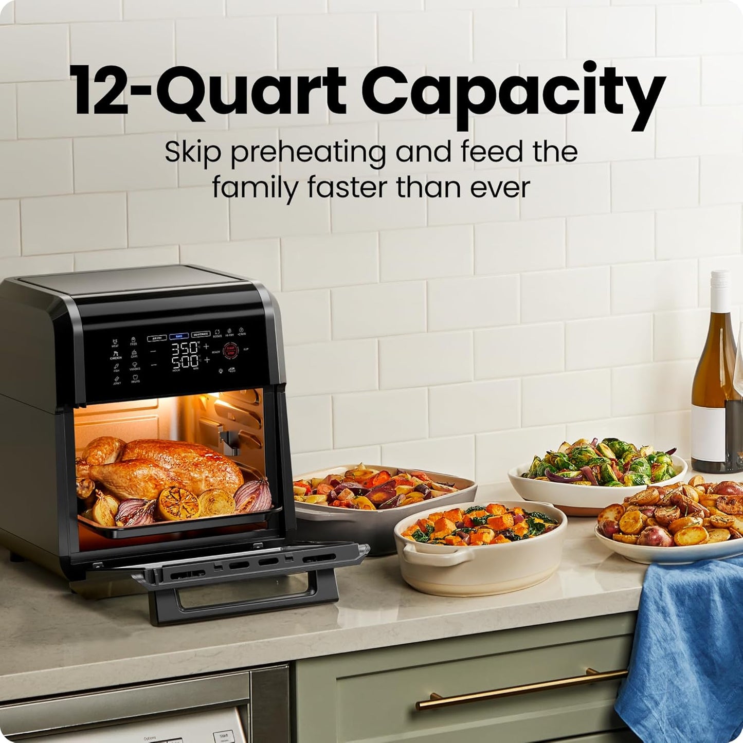 12-Quart 6-In-1 Air Fryer Oven with Digital Timer, Touchscreen, and 12 Presets - Family Size Countertop Convection Oven, Dishwasher-Safe Parts