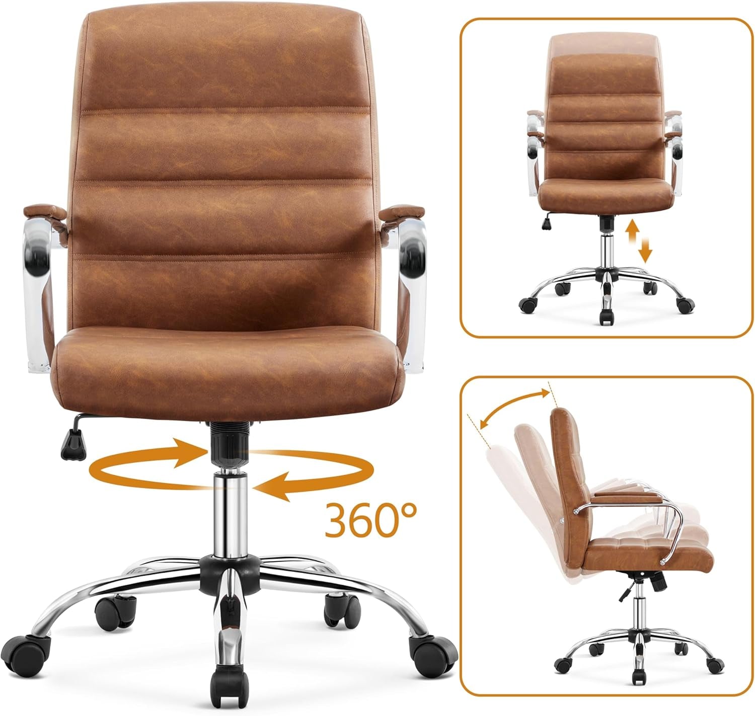 Mid-Back Office Chair with Arms Swivel PU Leather Height Adjustable Office Executive Chair, Retro Brown