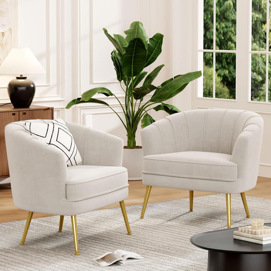 Velvet Accent Chair Set of 2, Upholstered Modern Single Sofa Side Chair,Comfy Barrel Club Living Room Armchair with Golden Metal Legs for Bedroom Living Reading Room Office, Beige