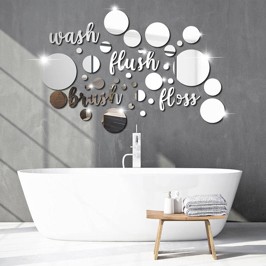 30 Pcs Bathroom Wall Decals Brush Wash Flush Floss Stickers 3D round Mirrors Wall Decal Self Adhesive DIY Acrylic Mirror Decor Beautiful Art Words Decor for Home Bedroom (Silver)