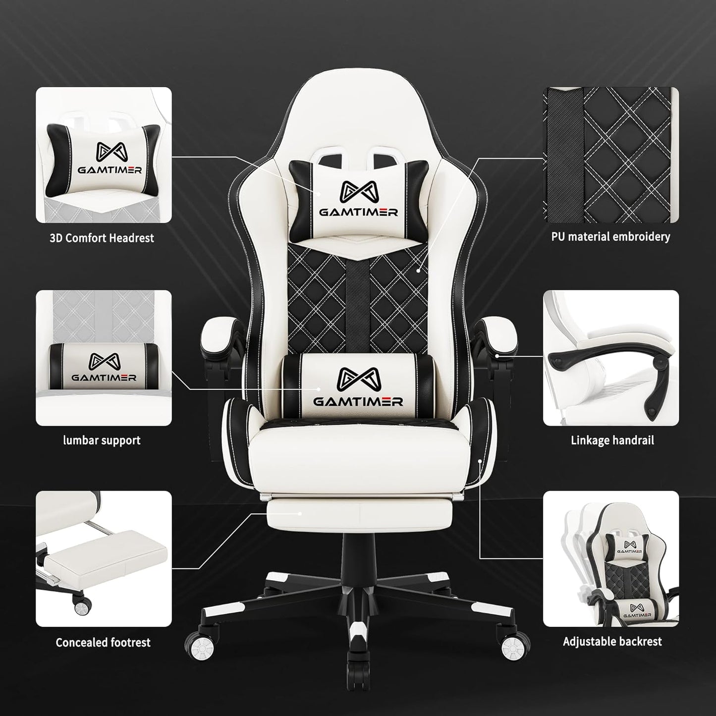 Gaming Chair, 400 Lbs Adult Chair, High Back Computer Chair with Footrest and Linked Armrests, Office Video Game Chair with Lumbar Support (White)