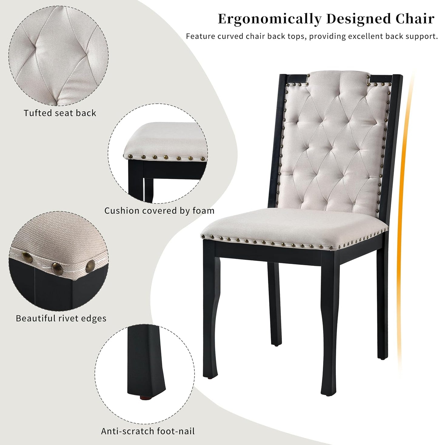 6-Piece Dining Table Set, 60" Solid Wood Rectangular Table with 4 Upholstered Chairs and 1 Bench, Modern Farmhouse for Kitchen Room, Black